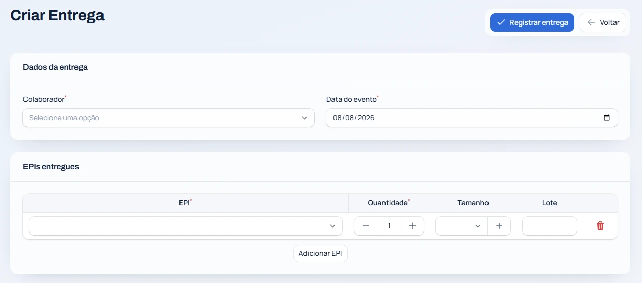 Tela de registro de entrega de EPI, com colaborador, data do evento e a lista de EPIs com quantidade, tamanho e lote